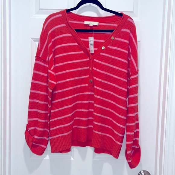 NWT Loft size XL Striped Roll Tab Henley Sweater pink orange stripes - Picture 1 of 8